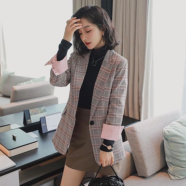 

england style plaid blazers grey office lady long sleeve single button slim suits women vintage chic casual blazer work clothing women', White;black