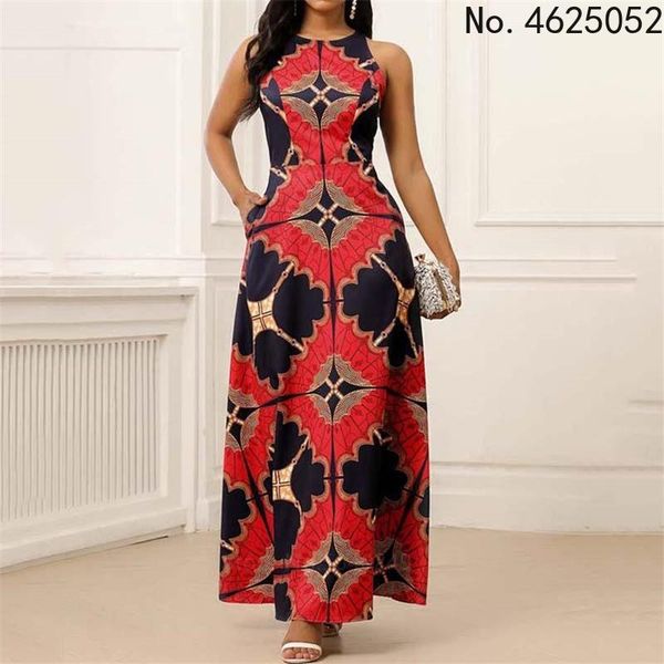 

ethnic clothing clothes for women dashiki print dress european plus size bazin rich sleeveless fashion round neck maxi vestido, Red