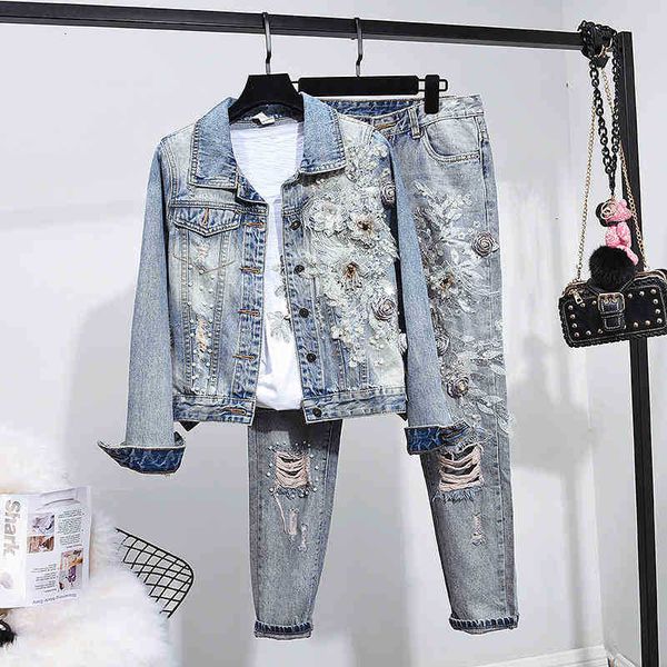 

women's two piece pants jacket jeans set female beading embroidery flower jean coat long women outfits plus size loose denim kwje, White