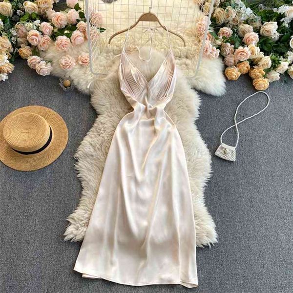 

spring fashion temperament strap vestidos female v-neck big leaky back slim midi dress c710 210506, Black;gray