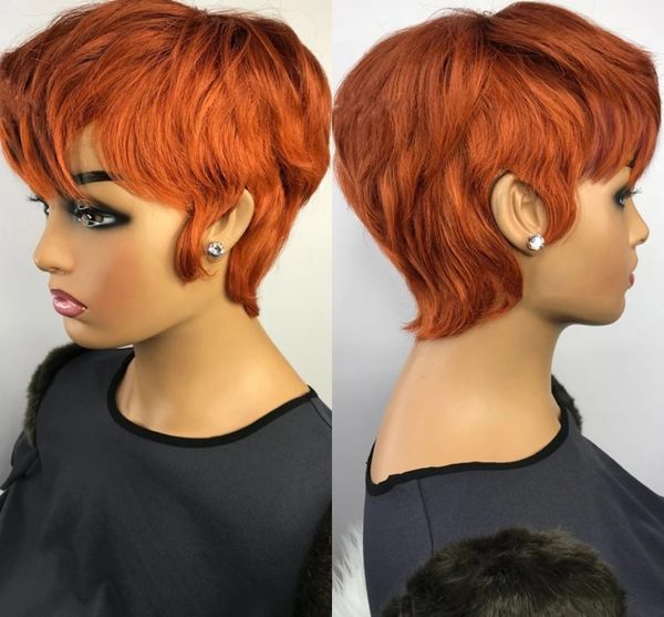 Parrucca color zenzero arancione Parrucca corta ondulata Bob Pixie Cut Full Hine Made No Lace Parrucche per capelli umani con frangia per donne nere brasiliane