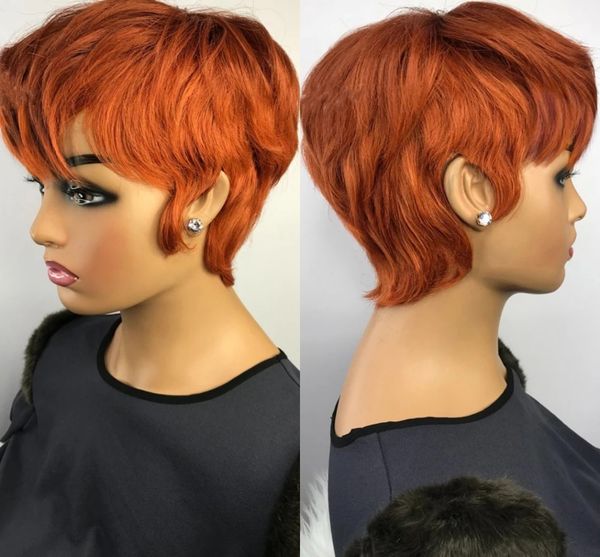 

orange ginger color wig short wavy bob pixie cut full machine made no lace human hair wigs with bangs for black women brazilian, Black;brown