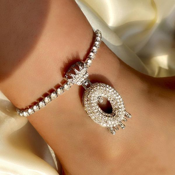 

anklets silver color crystal baguette 26 letters chain anklet for women shiny crown initials tennis bracelet on the leg jewelry, Red;blue
