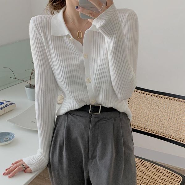 

women's t-shirt striped single breasted knit t-shirts women turn down collar long sleeve loose shirt cardigan spring korean vintage cas, White