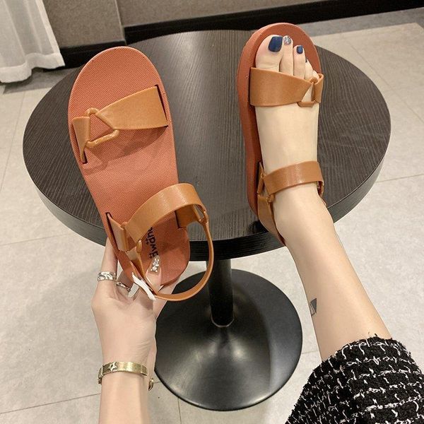 

women gladiator sandals casual thick bottom leather round toe comfort platform beach sandal female ankle buckle slippers, Black