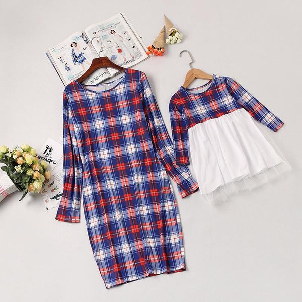 

family matching outfits ppxx autumn winter plaid girl women dress tutu lace shirtdress mother daughter dresses wedding party outfit, Blue