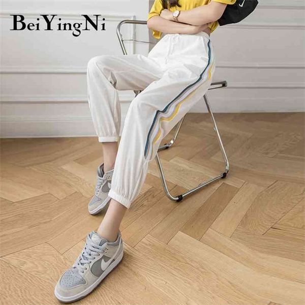 

high waist pants women casual striped fashion vintage pockets drawstring harem female harajuku thin joggers 210506, Black;white