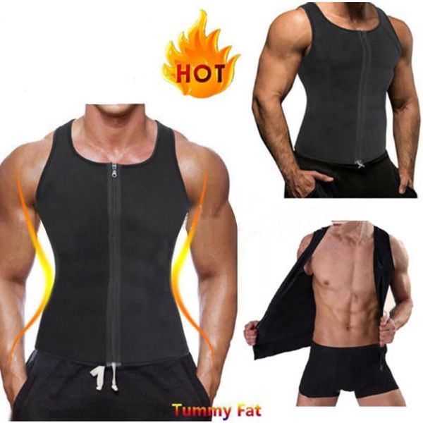 

waist support mens weight loss neoprene slim trainer vest sauna sweat body shaper zipper tank workout shirt, Black;gray