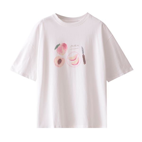 

women pink peach fruit print t-shirt short sleeve loose oversize sweet summer b0807 210514, White