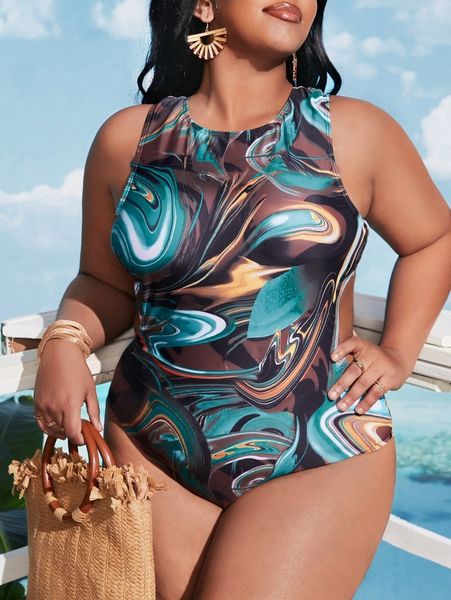 

plus abstract fluid pattern one piece swimsuit n1yf#, Black