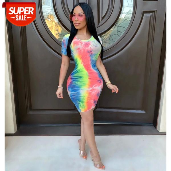 

women colourful tie-dye print sheath dress short sleeve round neck mini fashion summer party slim comfortable clothes #t191, White;black