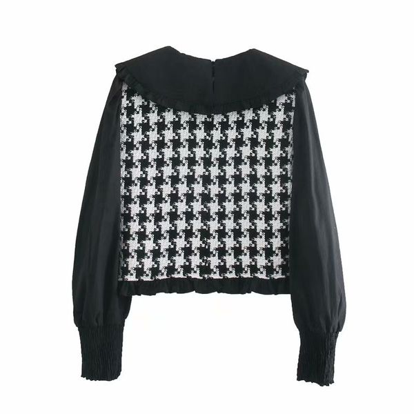 

2021 za women patchwork tweed crop blouse female long puff sleeve peter pan collar vintage shirts woman ruffle black short top, White