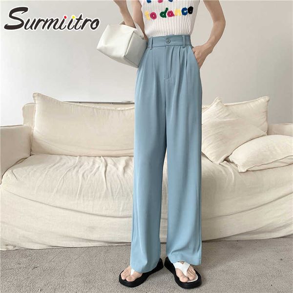 

surmiitro summer fashion long wide leg suit pants women black blue korean style floor length high waist trousers female 210712, Black;white