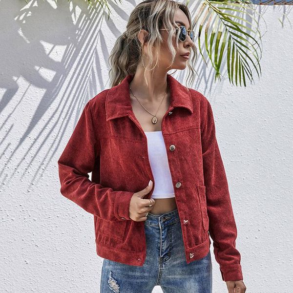 

women's jackets corduroy woman jacket long sleeve turn-down pocket single breasted women 2021 autumn winter casual ladies coats outerwe, Black;brown