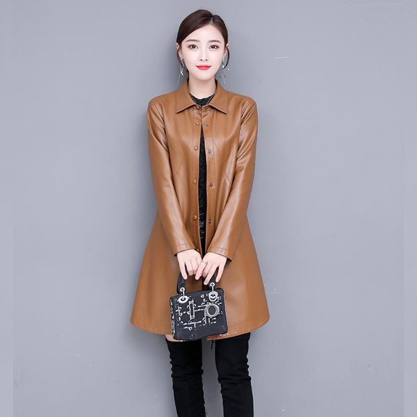 

women's leather & faux women soft pu long jacket arrival ladies sheepskin single breasted coat plus size female outerwear clothing, Black