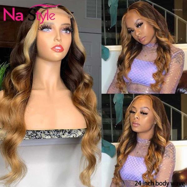 

colored body wave lace front wig ombre human hair wigs for black women natural hairline highlight pre plucked 150 remy1, Black;brown