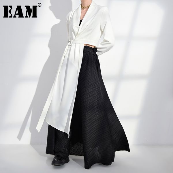 

[eam] women white irregular pleated long blazer lapel long sleeve loose fit jacket fashion spring autumn jx60000 210512, White;black