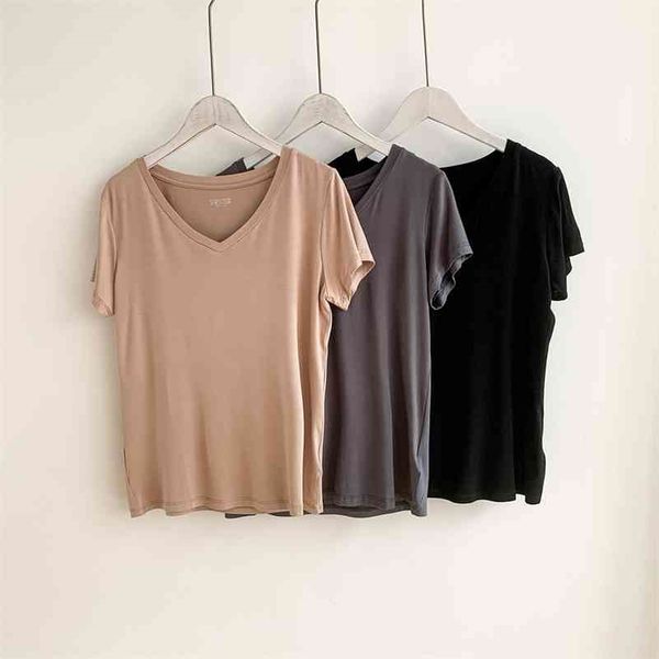 

summer casual v-neck solid color women t-shirt short sleeve loose female basic shirt ladies tees 100% cotton 210416, White