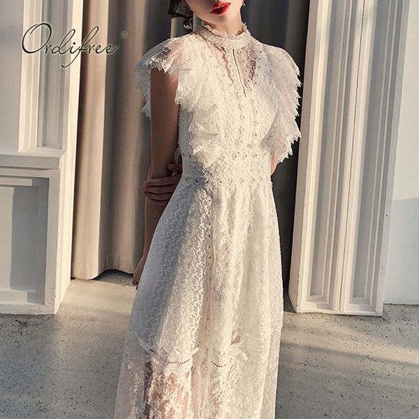 Летние женщины сладкое белое кружево MIDI полые вышивка цветочные рюшилка элегантное вечеринка платье большого размера xxl 210415