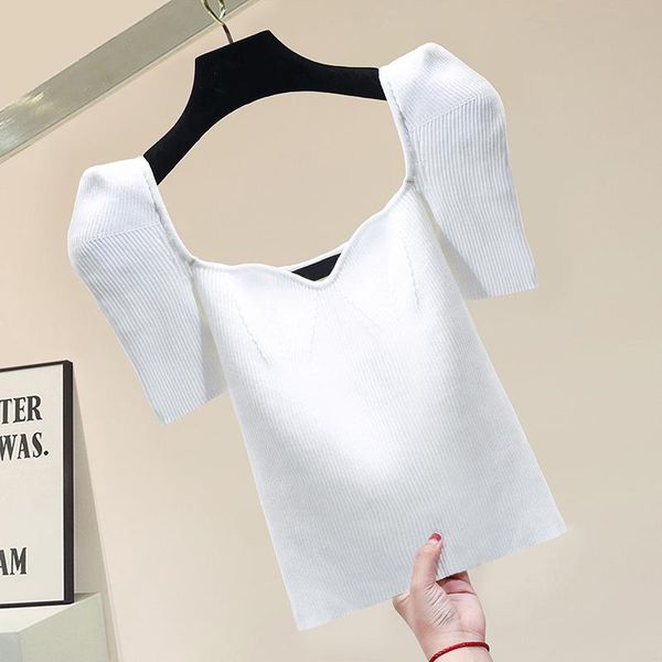 

spring summer off-neck short slim shirt base knitwear sleeve t-shirt women knitted t shirts female tees women's, White
