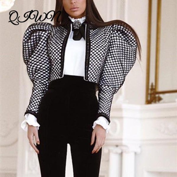 

women's jackets summer street style o-neck bubble long sleeve slim vintage luxury blouse plaid mesh short coat tide shirt brand clothes, Black;brown