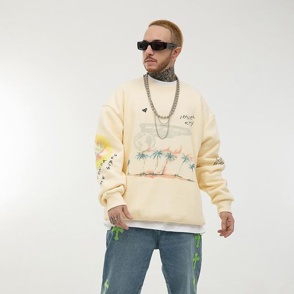 

men's hoodies & sweatshirts retro trees graffiti japanese fleece autumn men and women round neck harajuku high street oversized, Black