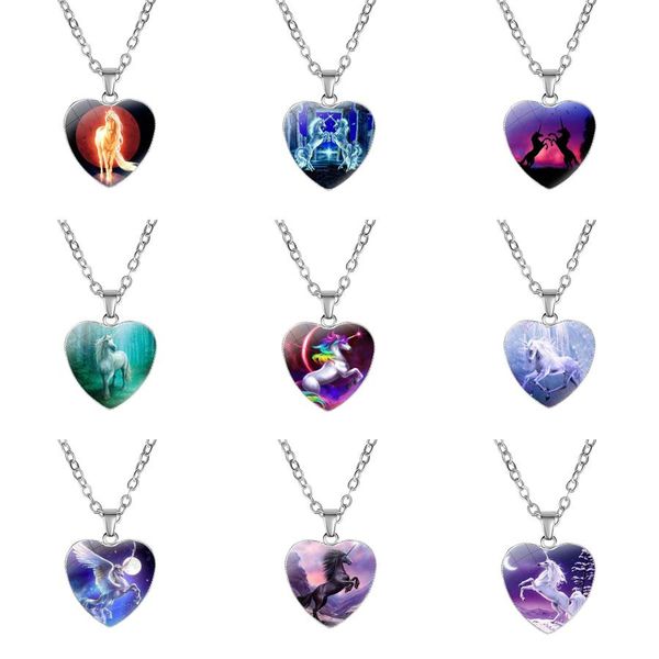 

new creative unicorn horse heart glass pendant necklace party home kids lovely charm gifts fast ship, Silver