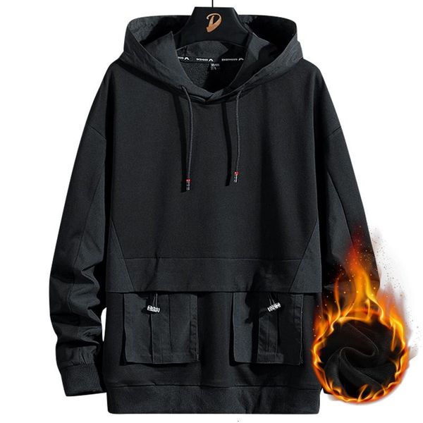 

hoodies & men's sweatshirts 2021 multi-pockets winter thick warm hoodie black velvet fleece male streetwear oversized thermal