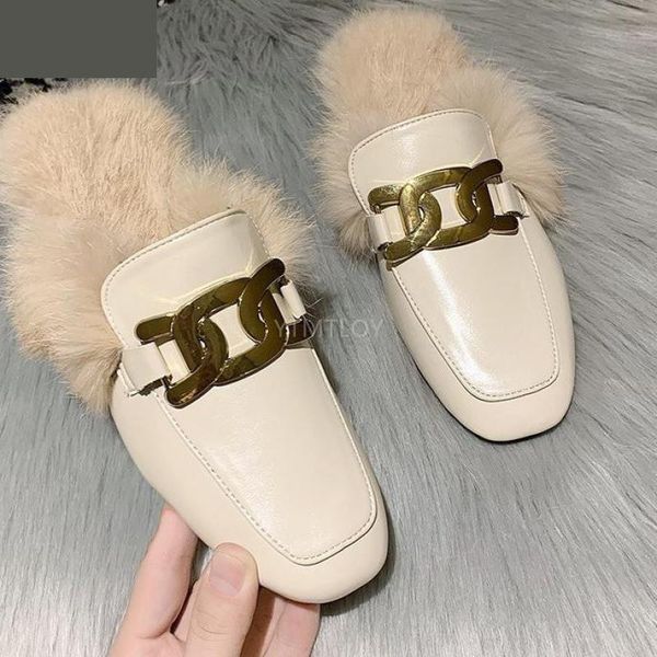 

fashion golden chain soft hair leather slippers brand design slip on women loafers fur slides mules flip flops zapato, Black