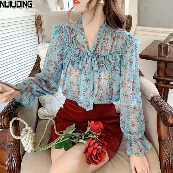 

autumn printed vintage chiffon women blouse lace up buttons bow collar long flare sleeve loose female shirts 210514, White