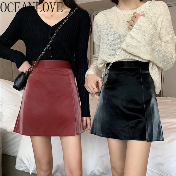 

korean pu women skirts solid high waist chic all match autumn winter mujer faldas elegant a-line mini skirt 19065 210415, Black