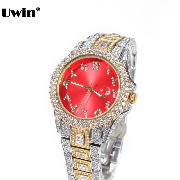

wristwatches uwin mens big dial watches full iced out cz stainless steel hiphop watch red luxury quartz wristwatch for drop, Slivery;brown