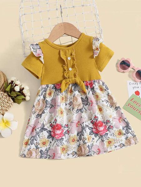 

baby floral print colorblock ruffle detail knot dress she, Red;yellow