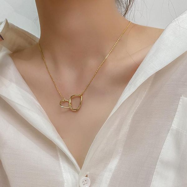 

pendant necklaces double circle interlocking clavicle short necklace golden choker for women girls ladies jewelry accessories, Silver