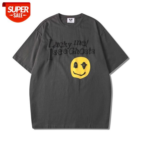 

kanye west smiley letter foam oversize short sleeve tshirts for men high street o neck cotton summer t shirt hip hop loose tees #fh9e, White;black