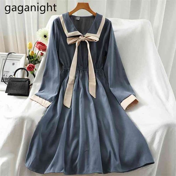 

vintage women maxi dress autumn winter korean vestidos elegante colorblock peter pan collar a-line dresses 210601, Black;gray