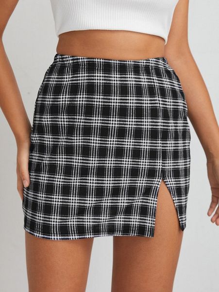 

plaid split hem skirt 9377#, Black
