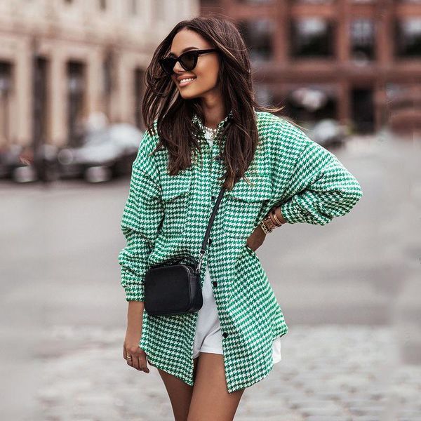 

women's jackets casual houndstooth plaid print women coat pocket streetwear loose female jacket green button autumn fashion clothes 20, Black;brown