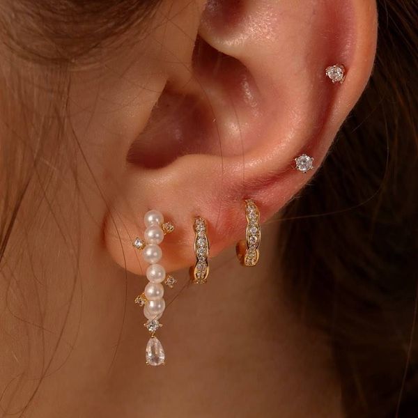 

european and american new womens cool geometric pearl drop diamond set ear stud ear stud set 5-piece setdio chan contact, Silver