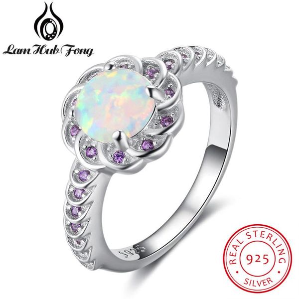 

cluster rings 925 sterling silver round white fire opal engagement ring purple cubic zirconia flower mom birthday gift (lam hub fong), Golden;silver