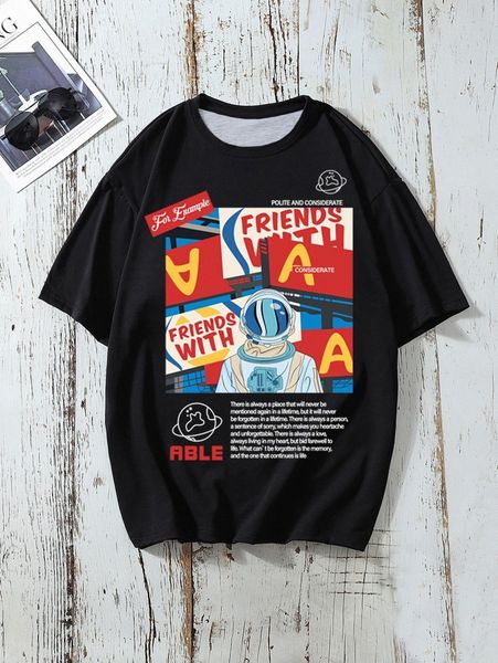 

men slogan and astronaut print tee i0ou#, White;black