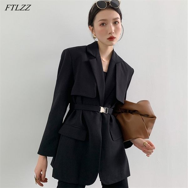 

spring women solid color casual adjustable waist suit jacket coat loose street long sleeve ol with belt 210430, Black;brown