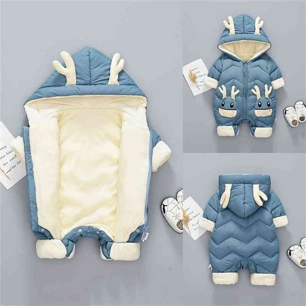 

winter 6m 9m 12m 18m 24m plus velvet thick snowsuit jumpsuit born romper for baby boys girls overalls toddler coat 210701, Blue;gray