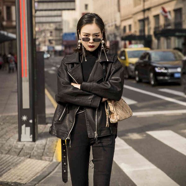 

women's leather & faux tide brand frosted pu jacket female autumn short motorcycle suit loose zipper lapel black 31el