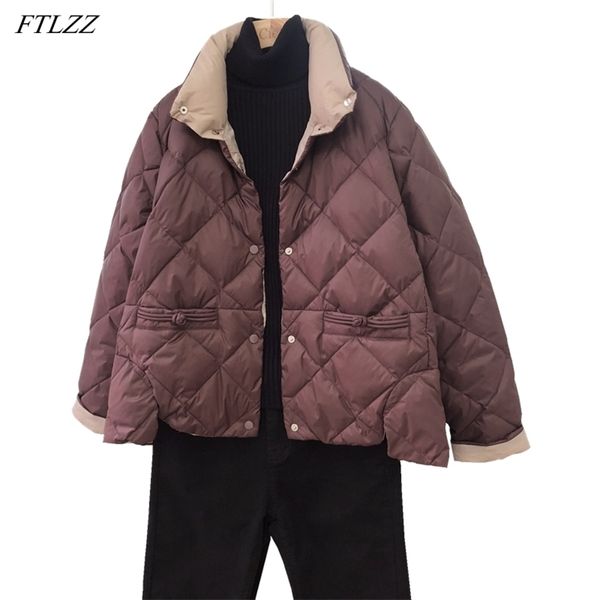 

winter women casual stand collarsingle breasted warm down jacket 90% white duck light coat 210430, Black