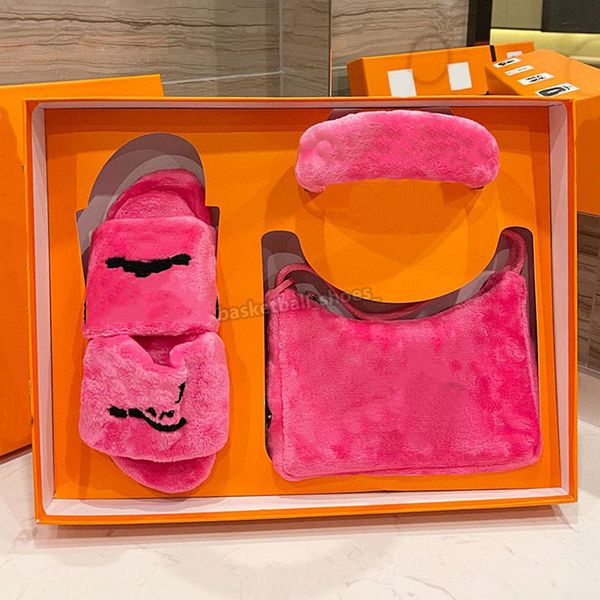 

classic women furry luxury slippers hairpin bag three-piece suit designers handbag 23 cm slipper size 37-39, Black