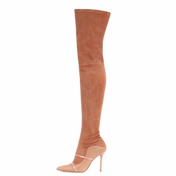 

boots faux suede brown satin pointed toe side zipper over knee stilettos high heel thigh ladies winter warm, Black