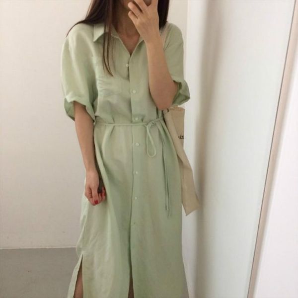 

summer casual green loose long women dress shirt sashes single breasted split hem midi dresses, Black;gray