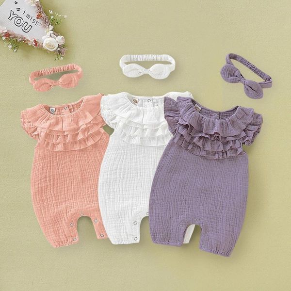 

born baby clothes kid girls solid sleeveless jumpsuit romper headband outfits kids summer bebes clothing sets, White