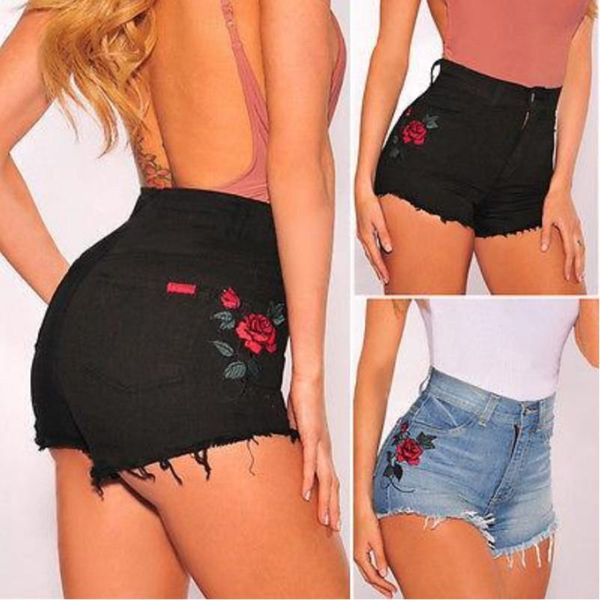 

women's shorts vintage floral embroidered women rose flower embroidery elastic high waisted denim jeans blue black short female, White;black